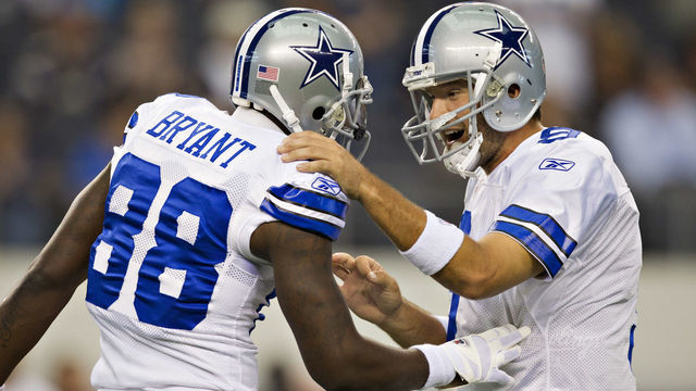 ARLINGTON, TX - OCTOBER 23: Quarterback Tony Romo #9 and Dez Bryant #88 of the Dallas Cowboys warm up before a game against the St. Louis Rams at the Cowboy Stadium on October 23, 2011 in Arlington, Texas. The Cowboys defeated the Rams 34 to 7.