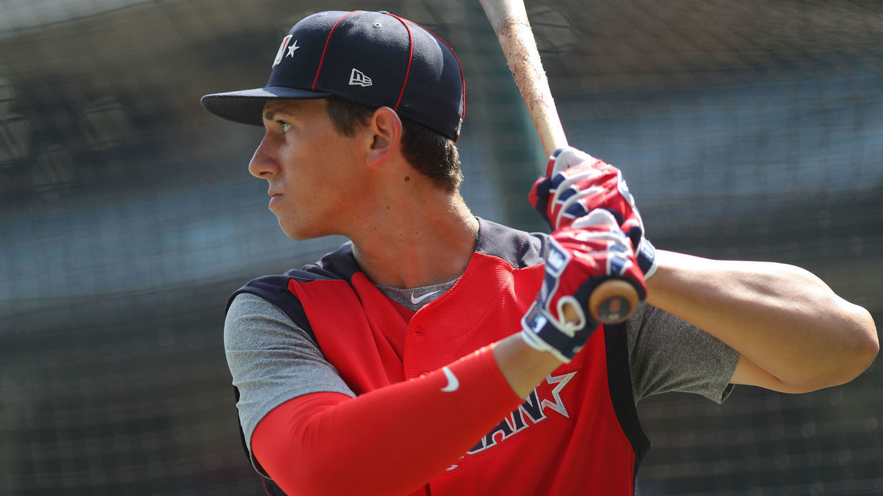 CLEVELAND, OH - JULY 06: Drew Romo #8 takes batting practice before the High School All-Star Game at Progressive Field on Saturday, July 6, 2019 in Cleveland, Ohio.