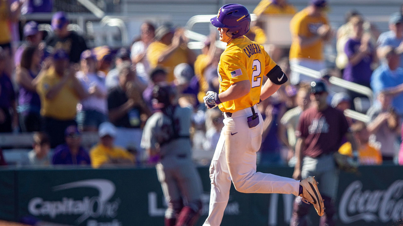 BATON ROUGE, LA - MARCH 31: LSU Tigers outfielder Daniel Cabrera (2) circles the bases during a baseball game between the Mississippi State Bulldogs and the LSU Tigers on March 31, 2018 at Alex Box Stadium in Baton Rouge, Louisiana.