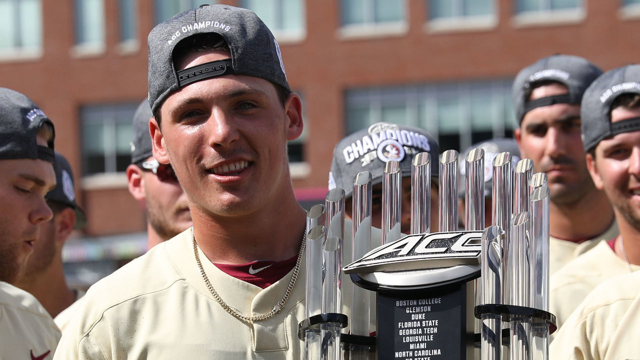 DURHAM, NC - MAY 27: Florida State pitcher C.J. Van Eyk (15) holding the ACC Baseball Championship trophy during the ACC Baseball Championship game between the Florida State and the Louisville Cardinals on May 27, 2018, at Durham Bulls Stadium in Durham, NC.