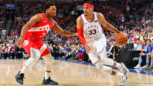PHILADELPHIA, PA - MAY 9: Tobias Harris #33 of the Philadelphia 76ers handles the ball against Kyle Lowry #7 of the Toronto Raptors during Game Six of the Eastern Conference Semifinals on May 9, 2019 at the Wells Fargo Center in Philadelphia, Pennsylvania NOTE TO USER: User expressly acknowledges and agrees that, by downloading and/or using this Photograph, user is consenting to the terms and conditions of the Getty Images License Agreement. Mandatory Copyright Notice: Copyright 2019 NBAE