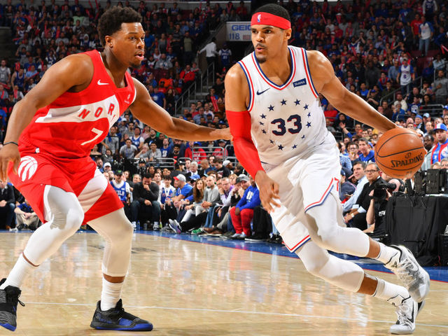 PHILADELPHIA, PA - MAY 9: Tobias Harris #33 of the Philadelphia 76ers handles the ball against Kyle Lowry #7 of the Toronto Raptors during Game Six of the Eastern Conference Semifinals on May 9, 2019 at the Wells Fargo Center in Philadelphia, Pennsylvania NOTE TO USER: User expressly acknowledges and agrees that, by downloading and/or using this Photograph, user is consenting to the terms and conditions of the Getty Images License Agreement. Mandatory Copyright Notice: Copyright 2019 NBAE