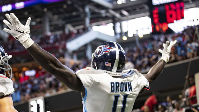 ATLANTA, GA - SEPTEMBER 29: A.J. Brown #11 of the Tennessee Titans celebrates making a reception for a touchdown against the Atlanta Falcons during the first half of a game at Mercedes-Benz Stadium on September 29, 2019 in Atlanta, Georgia.