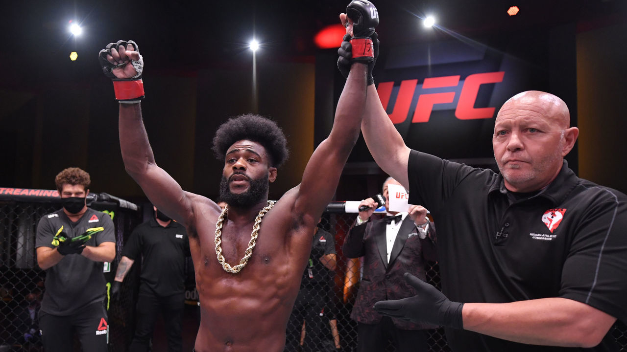 LAS VEGAS, NEVADA - JUNE 06: Aljamain Sterling celebrates after his submission victory over Cory Sandhagen in their bantamweight bout during the UFC 250 event at UFC APEX on June 06, 2020 in Las Vegas, Nevada.