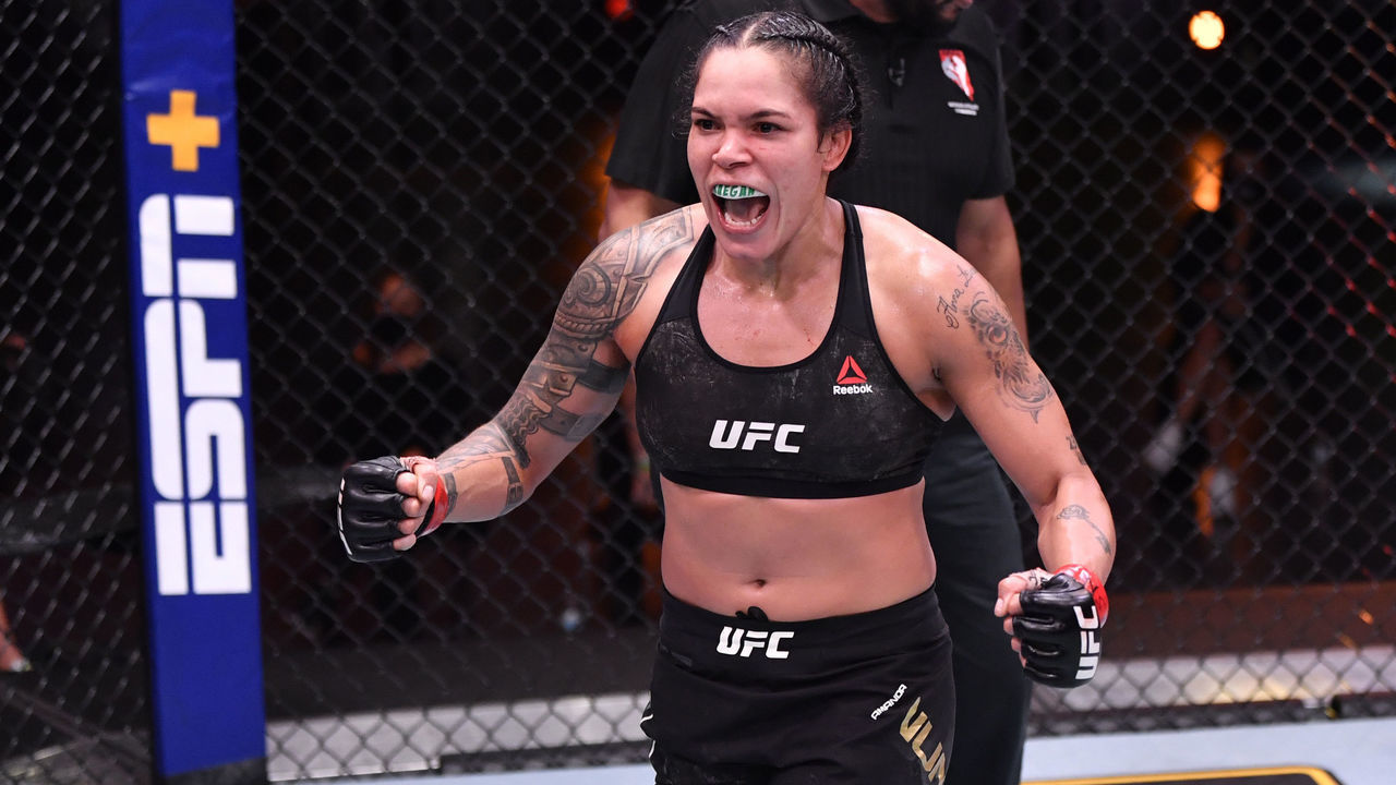 LAS VEGAS, NEVADA - JUNE 06: Amanda Nunes of Brazil reacts after the conclusion of her UFC featherweight championship bout against Felicia Spencer of Canada during the UFC 250 event at UFC APEX on June 06, 2020 in Las Vegas, Nevada.