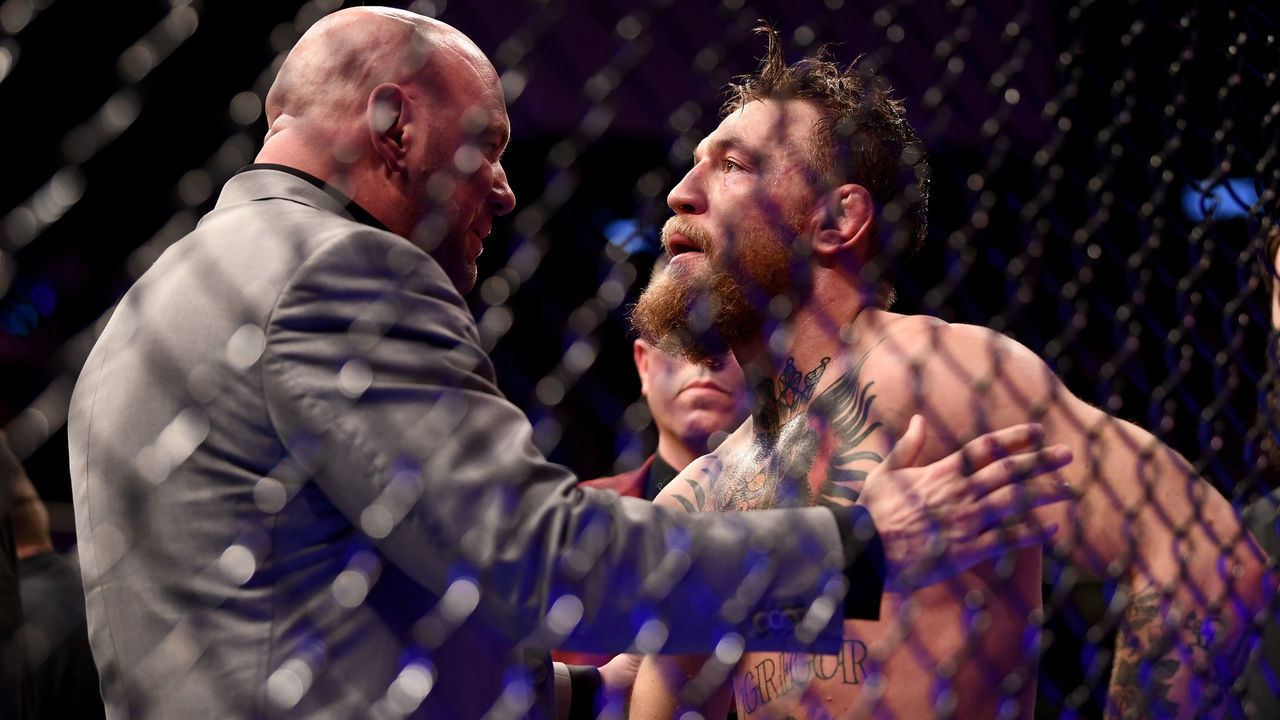 Las Vegas , United States - 6 October 2018; Conor McGregor in conversation with UFC President Dana White following defeat to Khabib Nurmagomedov in their UFC lightweight championship fight during UFC 229 at T-Mobile Arena in Las Vegas, Nevada, USA.