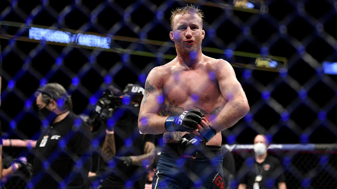 JACKSONVILLE, FLORIDA - MAY 09: Justin Gaethje of the United States celebrates after defeating Tony Ferguson of the United States in their Interim lightweight title fight during UFC 249 at VyStar Veterans Memorial Arena on May 09, 2020 in Jacksonville, Florida.