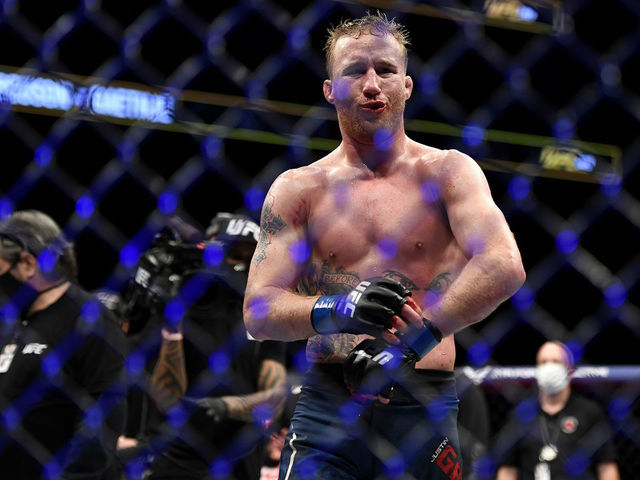 JACKSONVILLE, FLORIDA - MAY 09: Justin Gaethje of the United States celebrates after defeating Tony Ferguson of the United States in their Interim lightweight title fight during UFC 249 at VyStar Veterans Memorial Arena on May 09, 2020 in Jacksonville, Florida.