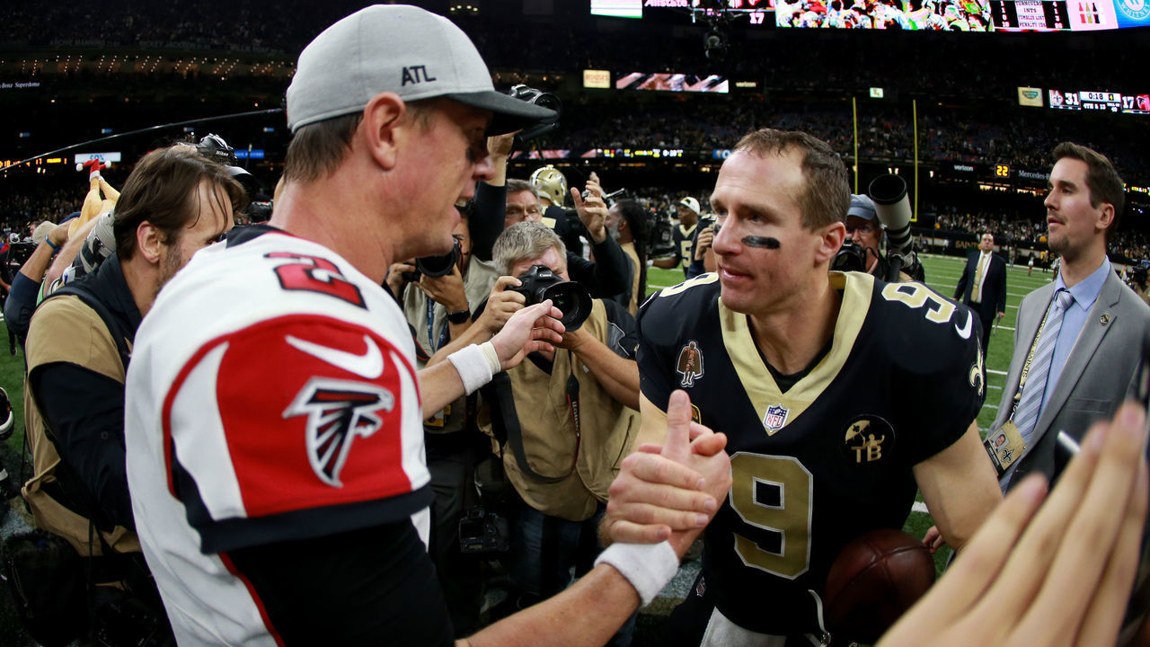NEW ORLEANS, LOUISIANA - NOVEMBER 22: Matt Ryan #2 of the Atlanta Falcons and Drew Brees #9 of the New Orleans Saints shake hands at the end of a game at the Mercedes-Benz Superdome on November 22, 2018 in New Orleans, Louisiana.