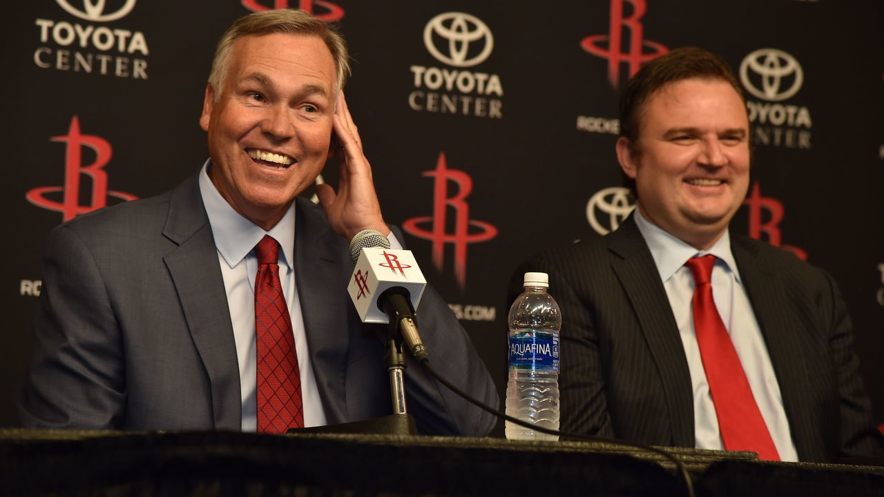 HOUSTON, TX - June 1: Houston Rockets GM Daryl Morey and Mike D'Antoni are interviewed as the Rockets announce D'Antoni as their new head coach on June 1, 2016 at Toyota Center in Houston, Texas. Mandatory Copyright Notice: Copyright 2016 NBAE