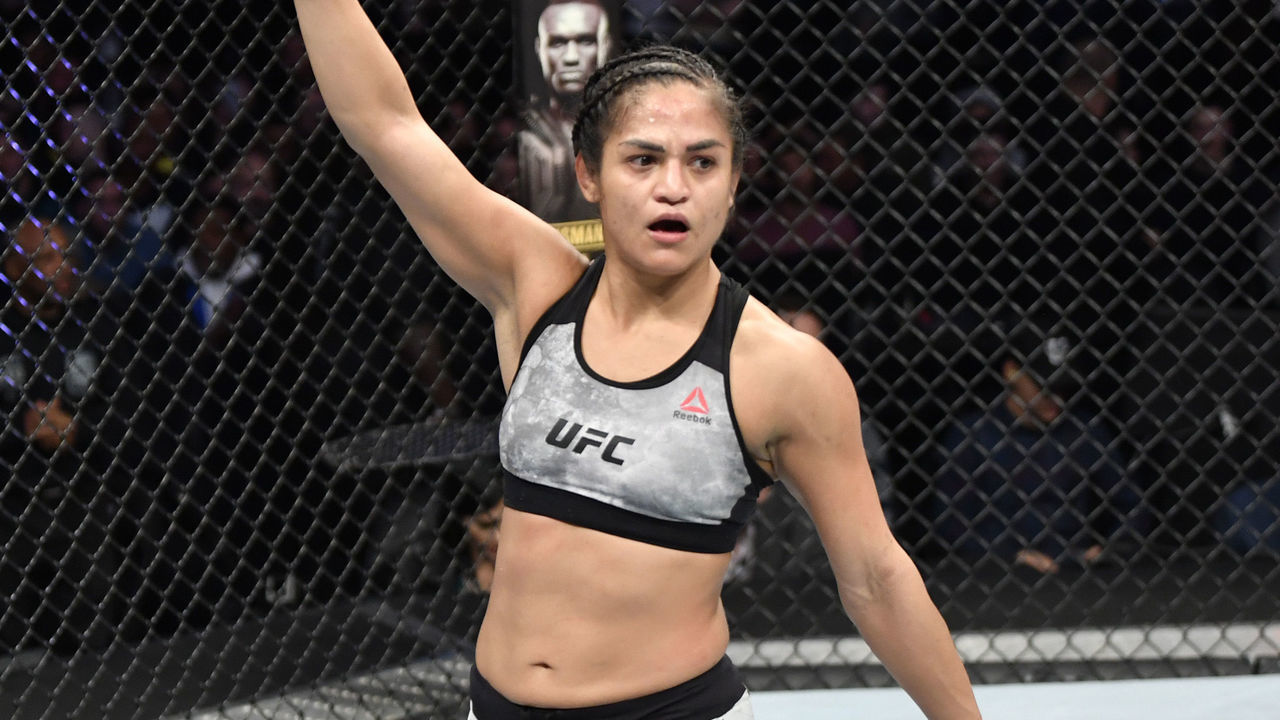 WASHINGTON, DC - DECEMBER 07: Cynthia Calvillo reacts after the conclusion of her catchweight bout against Marina Rodriguez of Brazil during the UFC Fight Night event at Capital One Arena on December 07, 2019 in Washington, DC.