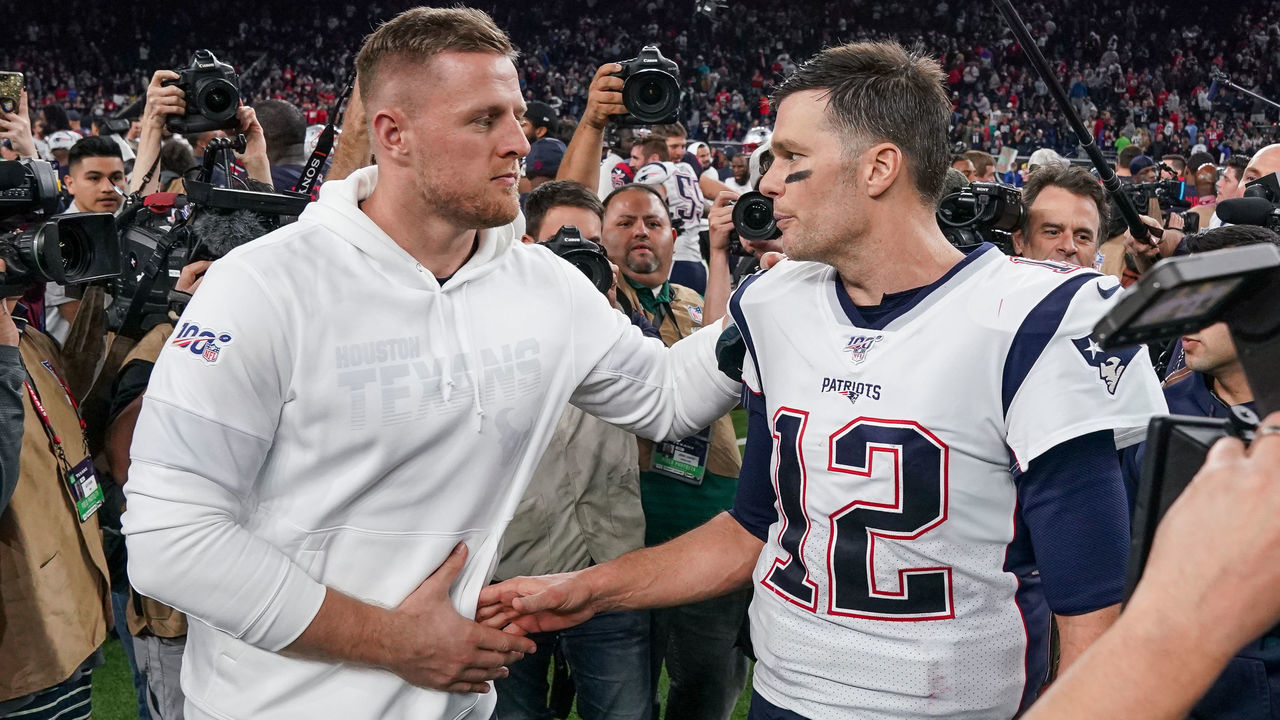 HOUSTON, TX - DECEMBER 01: Houston Texans defensive end J.J. Watt (99) and New England Patriots quarterback Tom Brady (12) shake hands after the game between the New England Patriots and Houston Texans on December 1, 2019 at NRG Stadium in Houston, TX.