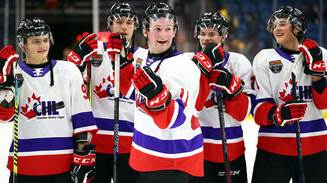 HAMILTON, ON - JANUARY 16: Alexis Lafreniere #11 of Team White laughs with teammates following the final whistle of the 2020 CHL/NHL Top Prospects Game against Team Red at FirstOntario Centre on January 16, 2020 in Hamilton, Canada.
