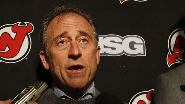NEWARK, NJ - JANUARY 12: New Jersey Devils owner Joshua Harris (L) addresses the media as interim general manager Tom Fitzgerald looks on after the firing of general manager Ray Shero prior to the game against the Tampa Bay Lightning at the Prudential Center on January 12, 2020 in Newark, New Jersey.