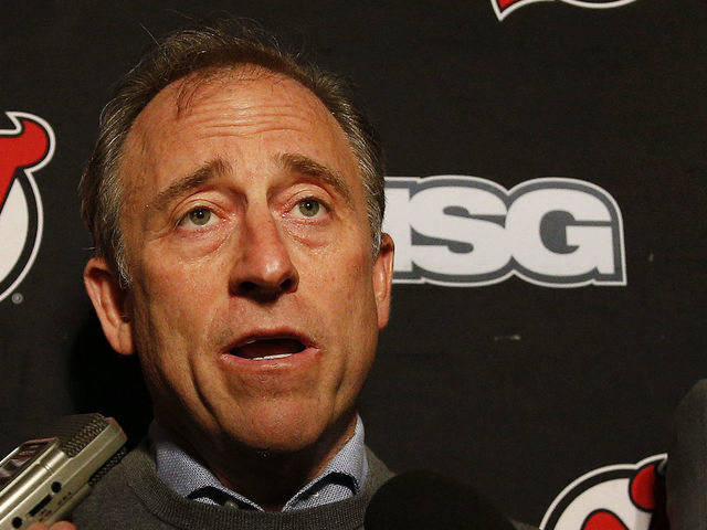 NEWARK, NJ - JANUARY 12: New Jersey Devils owner Joshua Harris (L) addresses the media as interim general manager Tom Fitzgerald looks on after the firing of general manager Ray Shero prior to the game against the Tampa Bay Lightning at the Prudential Center on January 12, 2020 in Newark, New Jersey.