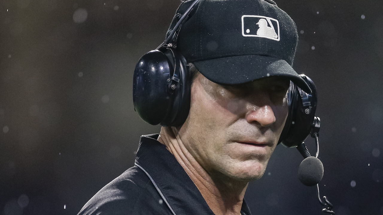 CINCINNATI, OH - AUGUST 08: Umpire Angel Hernandez #5 is seen during the Cincinnati Reds and Chicago Cubs game at Great American Ball Park on August 8, 2019 in Cincinnati, Ohio.