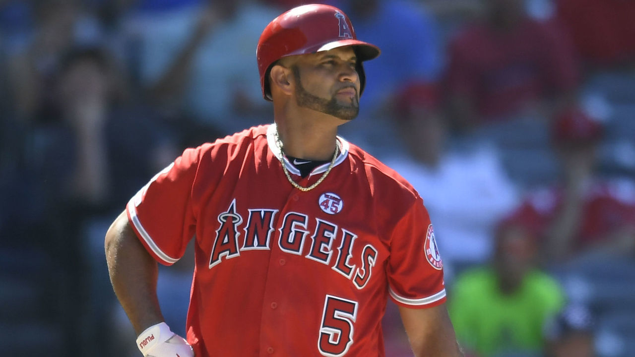 ANAHEIM, CA - JULY 28: Albert Pujols #5 of the Los Angeles Angels of Anaheim goes to bat against the Baltimore Orioles at Angel Stadium of Anaheim on July 28, 2019 in Anaheim, California.