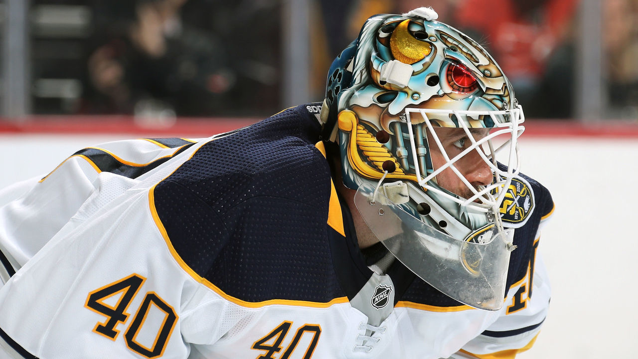 PHILADELPHIA, PA - MARCH 07: Carter Hutton #40 of the Buffalo Sabres looks on against the Philadelphia Flyers on March 7, 2020 at the Wells Fargo Center in Philadelphia, Pennsylvania.