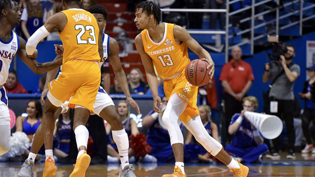 LAWRENCE, KANSAS - JANUARY 25: Jalen Johnson #13 of the Tennessee Volunteers in action agains the Kansas Jayhawks at Allen Fieldhouse on January 25, 2020 in Lawrence, Kansas.