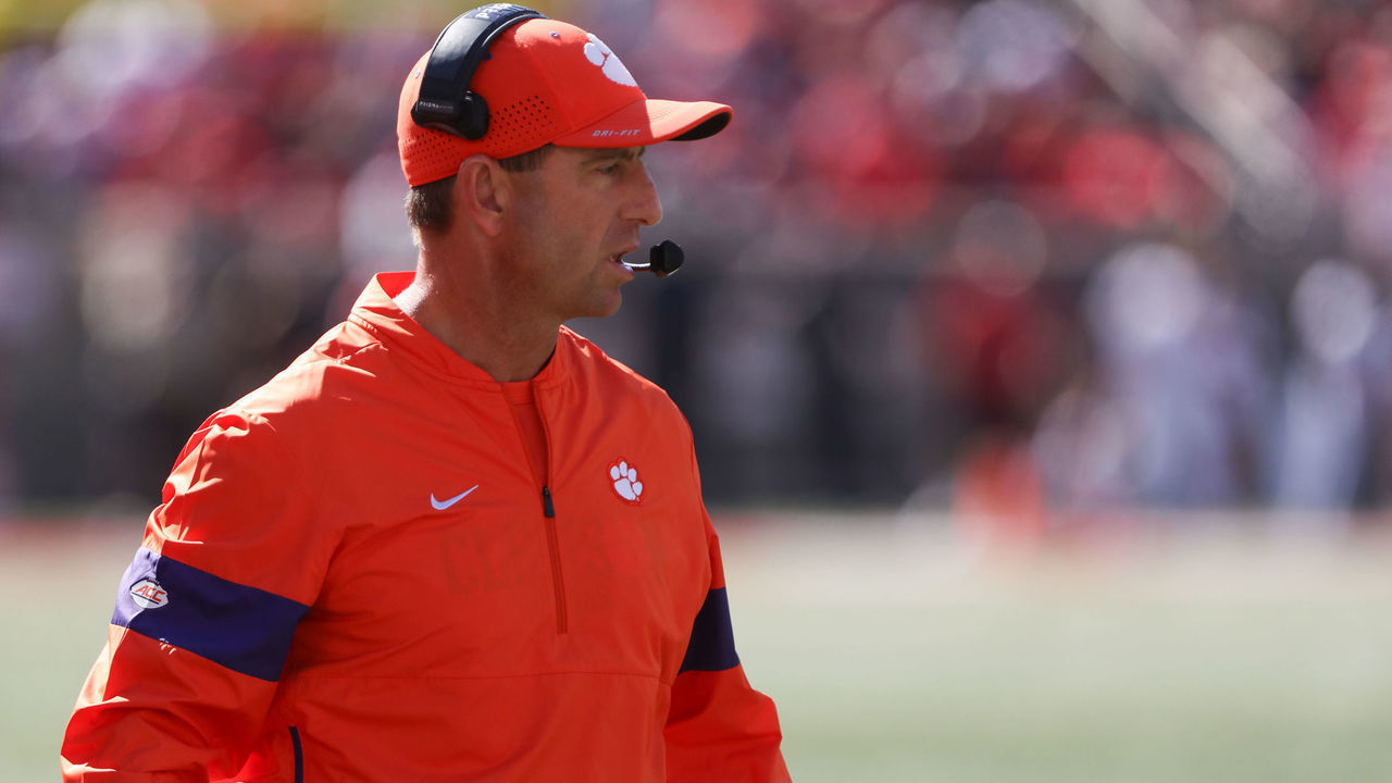 LOUISVILLE, KY - OCTOBER 19: Clemson Tigers head coach Dabo Swinney reacts during the game against the Clemson Tigers and the Louisville Cardinals on October 19th 2019, at Cardinal Stadium in Louisville, KY.