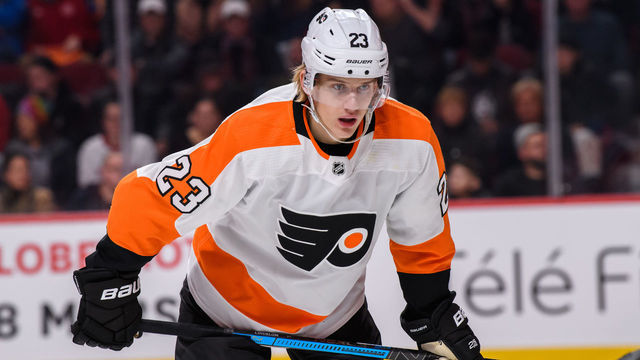 MONTREAL, QC - NOVEMBER 30: Oskar Lindblom (23) of the Philadelphia Flyers waits for play to begin during the third period of the NHL game between the Philadelphia Flyers and the Montreal Canadiens on November 30, 2019, at the Bell Centre in Montreal, QC