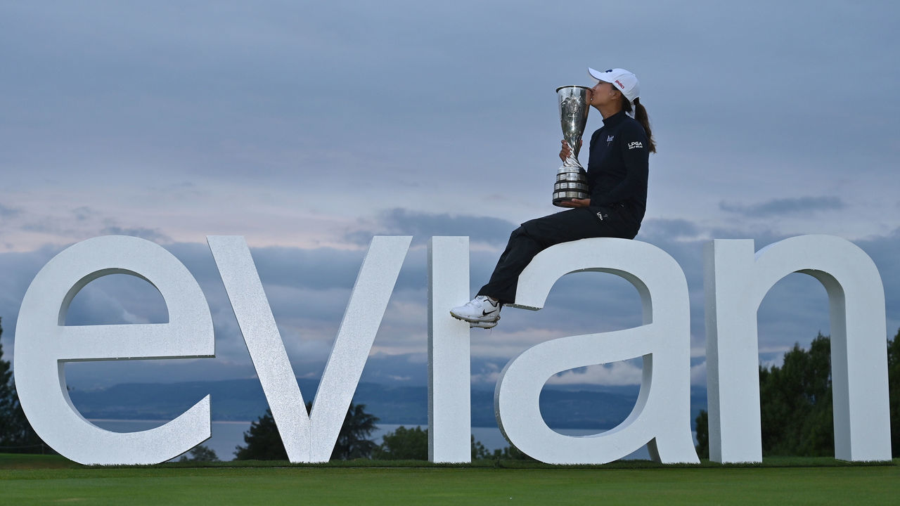 EVIAN-LES-BAINS, FRANCE - JULY 28: Jin Young Ko of South Korea poses for a photograph with the trophy following victory in the Evian Championship at Evian Resort Golf Club on July 28, 2019 in Evian-les-Bains, France.