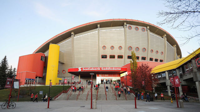 CALGARY, AB - OCTOBER 17: A general view of the exterior of the Scotiabank Saddledome as fans arrive prior to an NHL game between the Calgary Flames and the Boston Bruins on October 17, 2018 in Calgary, Alberta, Canada.