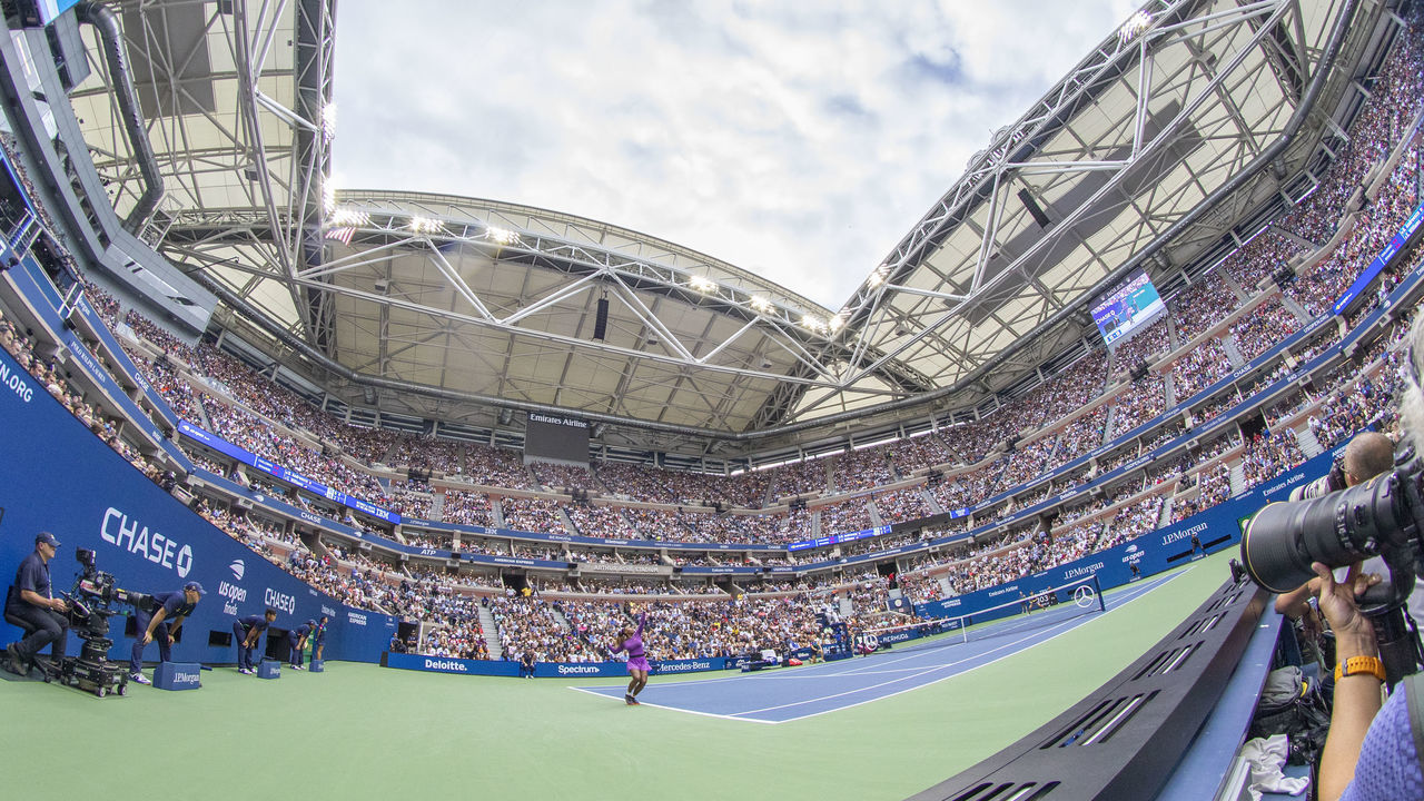 2019 US Open Tennis Tournament- Day Thirteen. A panoramic fish eye view of Serena Williams of the United States in action against Bianca Andreescu of Canada in the Women's Singles Final on Arthur Ashe Stadium during the 2019 US Open Tennis Tournament at the USTA Billie Jean King National Tennis Center on September 7th, 2019 in Flushing, Queens, New York City.