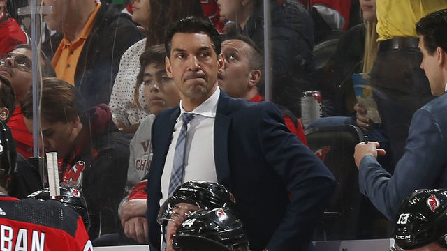 NEWARK, NJ - MARCH 10: Head Coach Alain Nasreddine of the New Jersey Devils looks on from behind the bench during the game against the Pittsburgh Penguins at the Prudential Center on March 10, 2020 in Newark, New Jersey.