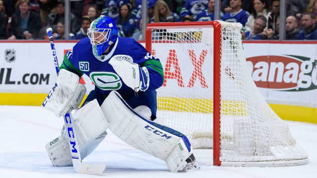 VANCOUVER, BC - FEBRUARY 22: Vancouver Canucks Goaltender Jacob Markstrom (25) in net against the Boston Bruins during their NHL game at Rogers Arena on February 22, 2020 in Vancouver, British Columbia, Canada.