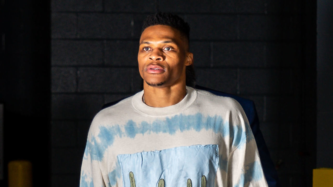 HOUSTON, TX - MARCH 8: Russell Westbrook #0 of the Houston Rockets arrives prior to a game against the Orlando Magic on March 8, 2020 at the Toyota Center in Houston, Texas. Mandatory Copyright Notice: Copyright 2020 NBAE