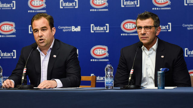 BROSSARD, QC - APRIL 9: Montreal Canadiens owner Geoff Molson answers journalists questions beside Montreal Canadiens general manager Marc Bergevin during the Montreal Canadiens end of season press conference on April 9, 2018, at Bell Sports Complex in Brossard, QC