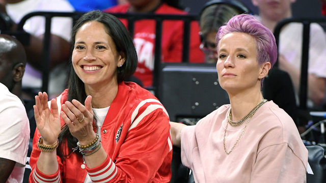 LAS VEGAS, NEVADA - JULY 27: Sue Bird (L) of the Seattle Storm and soccer player Megan Rapinoe attend the WNBA All-Star Game 2019 at the Mandalay Bay Events Center on July 27, 2019 in Las Vegas, Nevada.