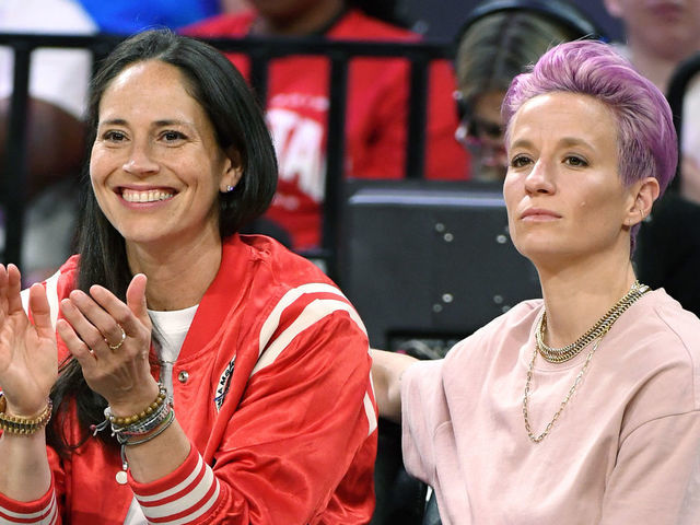 LAS VEGAS, NEVADA - JULY 27: Sue Bird (L) of the Seattle Storm and soccer player Megan Rapinoe attend the WNBA All-Star Game 2019 at the Mandalay Bay Events Center on July 27, 2019 in Las Vegas, Nevada.