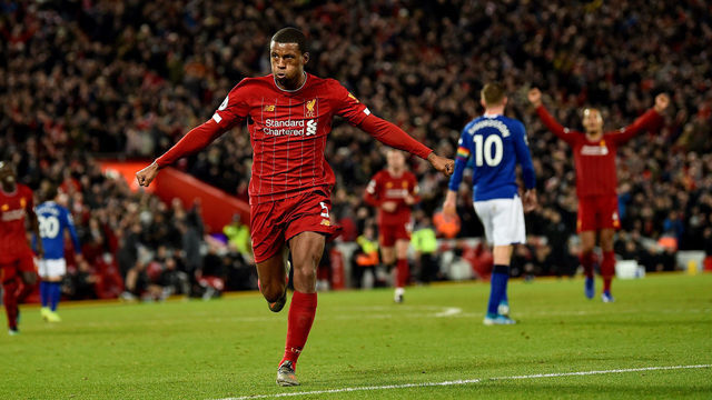 LIVERPOOL, ENGLAND - DECEMBER 04: (THE SUN OUT, THE SUN ON SUNDAY OUT) Georginio Wijnaldum of Liverpool celebrating after scoring a goal during the Premier League match between Liverpool FC and Everton FC at Anfield on December 04, 2019 in Liverpool, United Kingdom.