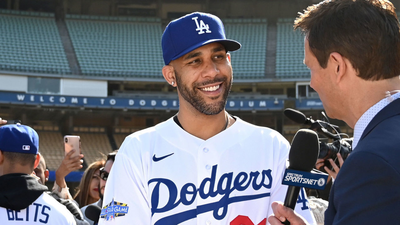 LOS ANGELES, CA - FEBRUARY 12: Mookie Betts #50 and David Price "n#33 are interviewed during a press conference at Dodger Stadium on February 12, 2020 in Los Angeles, California.