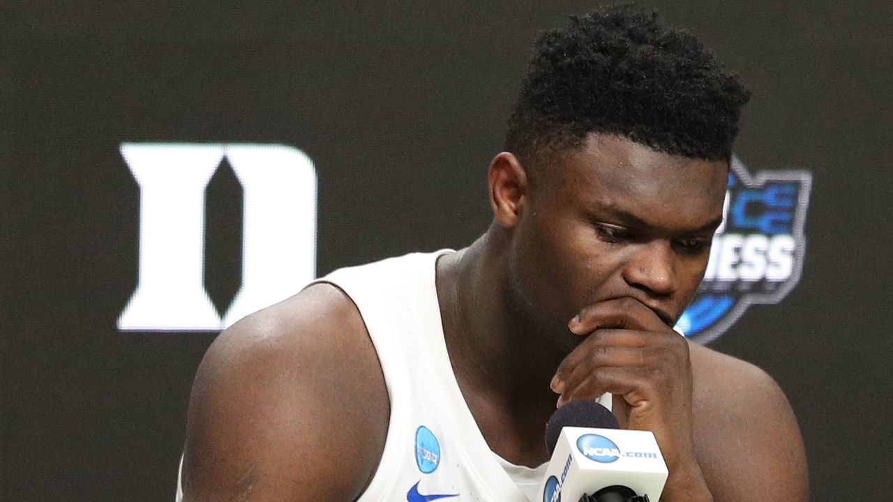 WASHINGTON, DC - MARCH 31: Zion Williamson #1 of the Duke Blue Devils looks on as he speaks to the media after their teams 68-67 loss to the Michigan State Spartans in the East Regional game of the 2019 NCAA Men's Basketball Tournament at Capital One Arena on March 31, 2019 in Washington, DC.