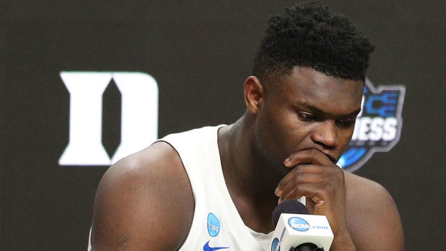 WASHINGTON, DC - MARCH 31: Zion Williamson #1 of the Duke Blue Devils looks on as he speaks to the media after their teams 68-67 loss to the Michigan State Spartans in the East Regional game of the 2019 NCAA Men's Basketball Tournament at Capital One Arena on March 31, 2019 in Washington, DC.