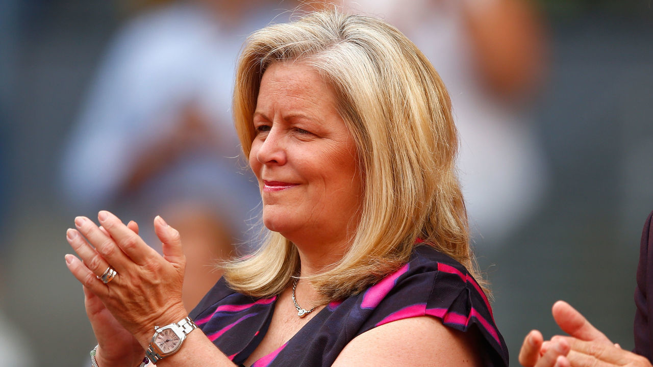 MADRID, SPAIN - MAY 09: Stacey Allaster, the Chairman and CEO of the WTA with Manolo Santana look on after Petra Kvitova of Czech Republic played Svetlana Kuznetsova of Russia in the final during day eight of the Mutua Madrid Open tennis tournament at the Caja Magica on May 9, 2015 in Madrid, Spain.