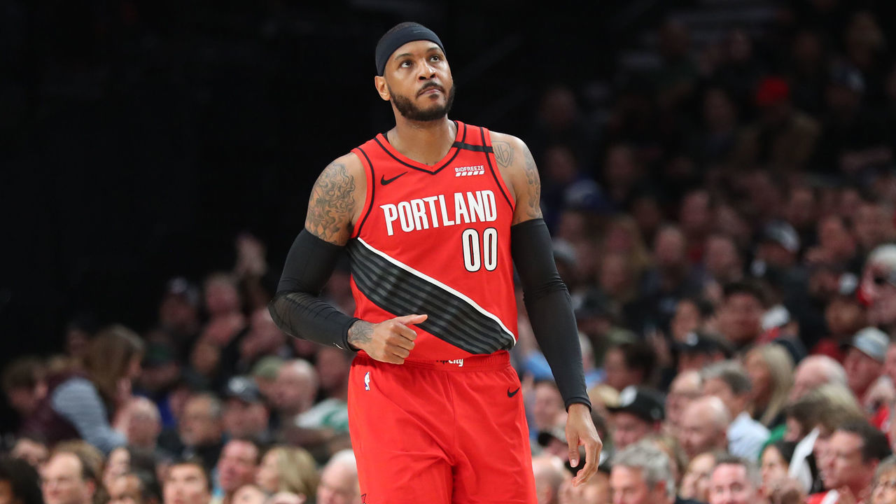 PORTLAND, OREGON - FEBRUARY 25: Carmelo Anthony #00 of the Portland Trail Blazers reacts in the second quarter against the Boston Celtics during their game at Moda Center on February 25, 2020 in Portland, Oregon.