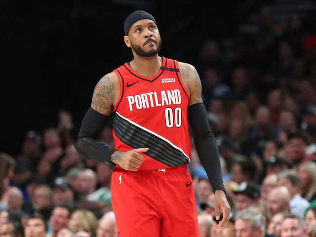PORTLAND, OREGON - FEBRUARY 25: Carmelo Anthony #00 of the Portland Trail Blazers reacts in the second quarter against the Boston Celtics during their game at Moda Center on February 25, 2020 in Portland, Oregon.