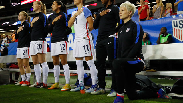 ATLANTA, GA - SEPTEMBER 18: Megan Rapinoe #15 kneels during the National Anthem prior to the match between the United States and the Netherlands at Georgia Dome on September 18, 2016 in Atlanta, Georgia.