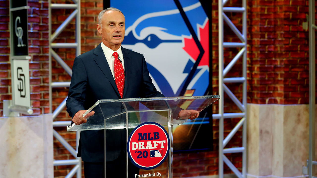 SECAUCUS, NJ - JUNE 10: Major League Baseball Commissioner Robert D. Manfred Jr. announces the fifth pick of the 2020 MLB Draft is Austin Martin by the Toronto Blue Jays during the 2020 Major League Baseball Draft at MLB Network on Wednesday, June 10, 2020 in Secaucus, New Jersey.