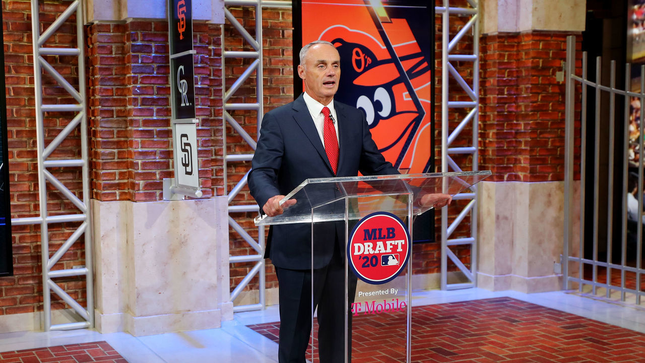 SECAUCUS, NJ - JUNE 10: Major League Baseball Commissioner Robert D. Manfred Jr. announces the 30th pick of the 2020 MLB Draft is Jordan Westburg by the Baltimore Orioles during the 2020 Major League Baseball Draft at MLB Network on Wednesday, June 10, 2020 in Secaucus, New Jersey.