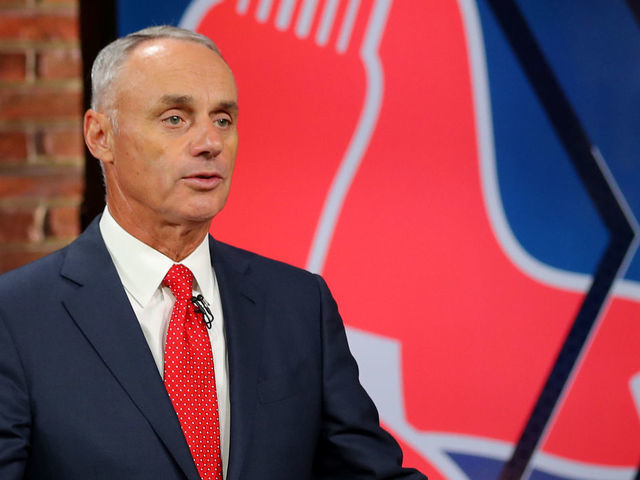 SECAUCUS, NJ - JUNE 10: Major League Baseball Commissioner Robert D. Manfred Jr. announces the 17th pick of the 2020 MLB Draft is Nick Yorke by the Boston Red Sox during the 2020 Major League Baseball Draft at MLB Network on Wednesday, June 10, 2020 in Secaucus, New Jersey.