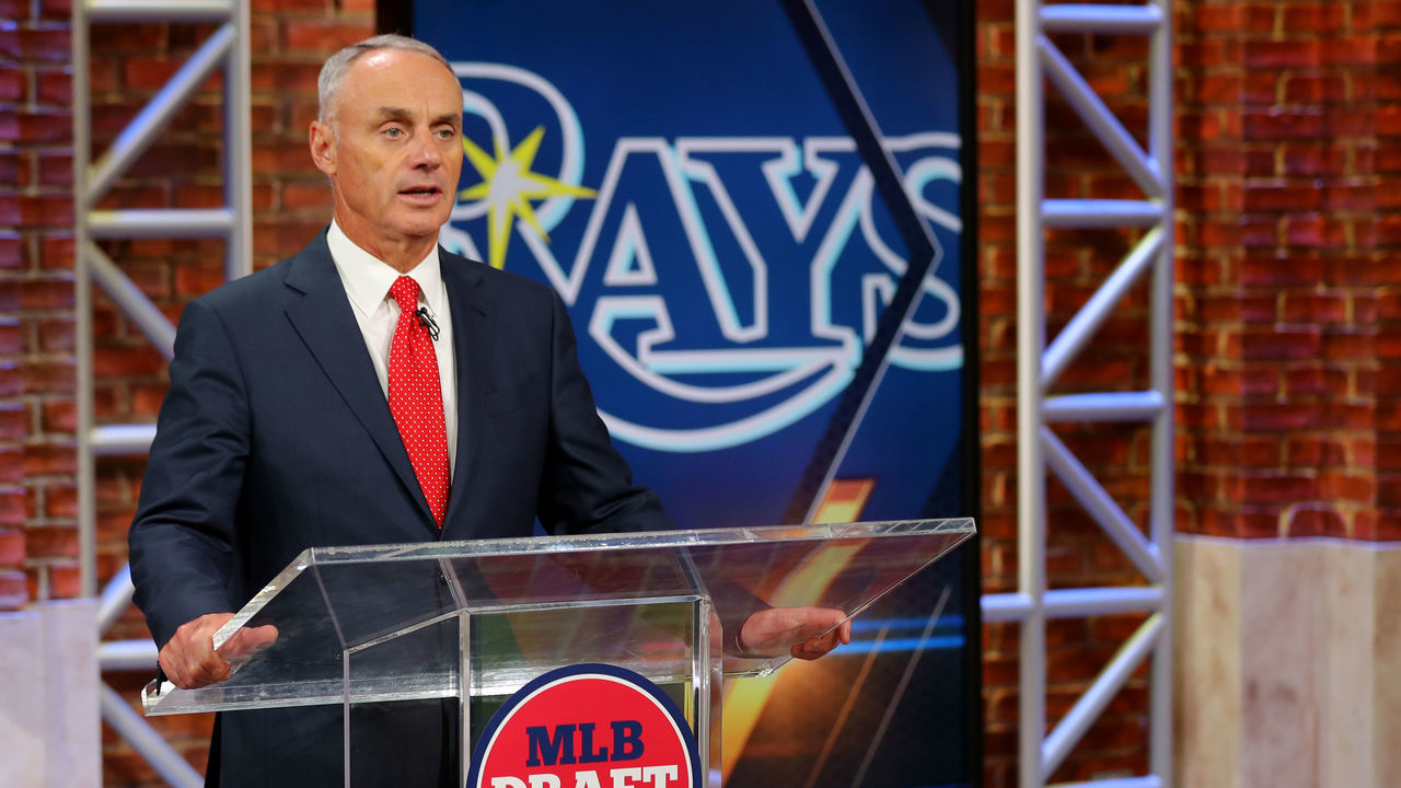 SECAUCUS, NJ - JUNE 10: Major League Baseball Commissioner Robert D. Manfred Jr. announces the 24th pick of the 2020 MLB Draft is Nick Bitsko by the Tampa Bay Rays during the 2020 Major League Baseball Draft at MLB Network on Wednesday, June 10, 2020 in Secaucus, New Jersey.