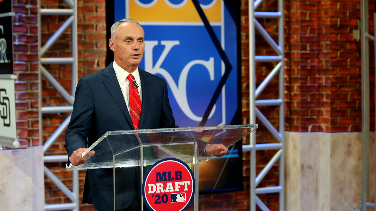 SECAUCUS, NJ - JUNE 10: Major League Baseball Commissioner Robert D. Manfred Jr. announces the fourth pick of the 2020 MLB Draft is Asa Lacy by the Kansas City Royals during the 2020 Major League Baseball Draft at MLB Network on Wednesday, June 10, 2020 in Secaucus, New Jersey.