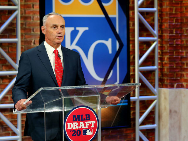 SECAUCUS, NJ - JUNE 10: Major League Baseball Commissioner Robert D. Manfred Jr. announces the fourth pick of the 2020 MLB Draft is Asa Lacy by the Kansas City Royals during the 2020 Major League Baseball Draft at MLB Network on Wednesday, June 10, 2020 in Secaucus, New Jersey.