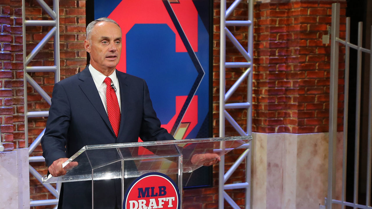 SECAUCUS, NJ - JUNE 10: Major League Baseball Commissioner Robert D. Manfred Jr. announces the 36th pick of the 2020 MLB Draft is Tanner Burns by the Cleveland Indians during the 2020 Major League Baseball Draft at MLB Network on Wednesday, June 10, 2020 in Secaucus, New Jersey.