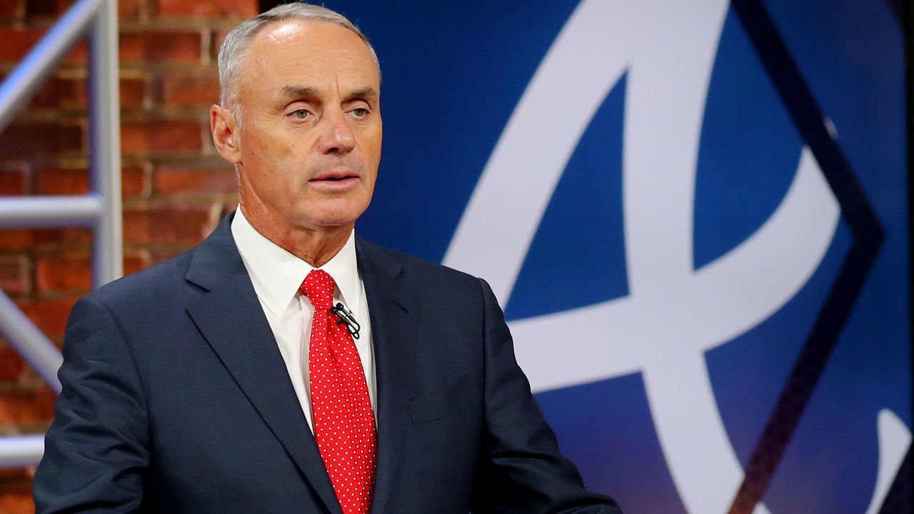SECAUCUS, NJ - JUNE 10: Major League Baseball Commissioner Robert D. Manfred Jr. announces the 25th pick of the 2020 MLB Draft is Jared Shuster by the Atlanta Braves during the 2020 Major League Baseball Draft at MLB Network on Wednesday, June 10, 2020 in Secaucus, New Jersey.